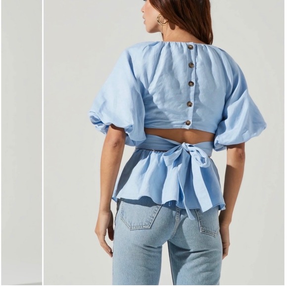 ASTR The Label Tops - ASTR The Label Blue Linen Blend Vendetti Cutout Puff Sleeve Peplum Top XS Women